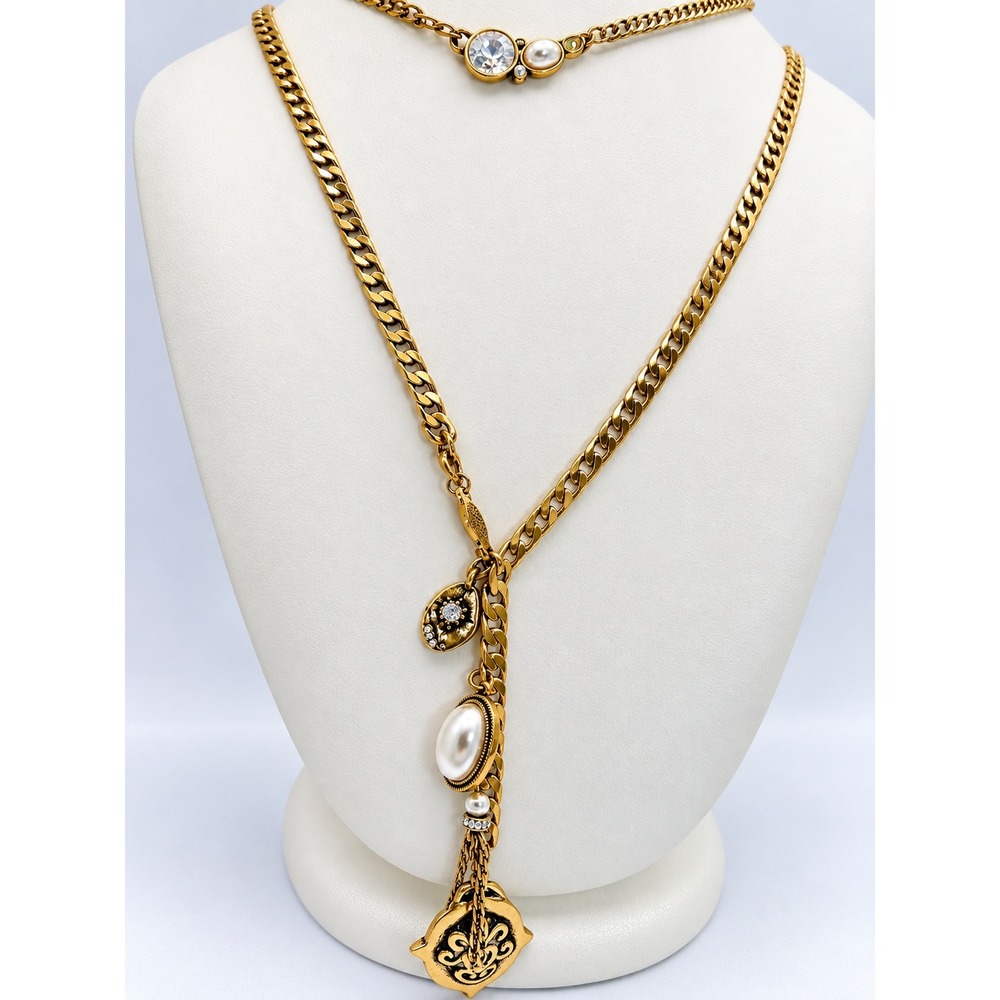 Chicos Lariat Necklace Womens OS Gold Pearl Crystal Good Vintage Boho Y-Drop